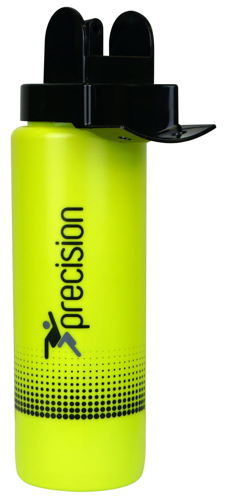 The Precision Training Hygienic Water Bottle is a 1-litre yellow squeeze bottle with a black lid and flip-top spout, featuring "precision" and a running figure logo—perfect for hydration and hygiene during sports activities.
