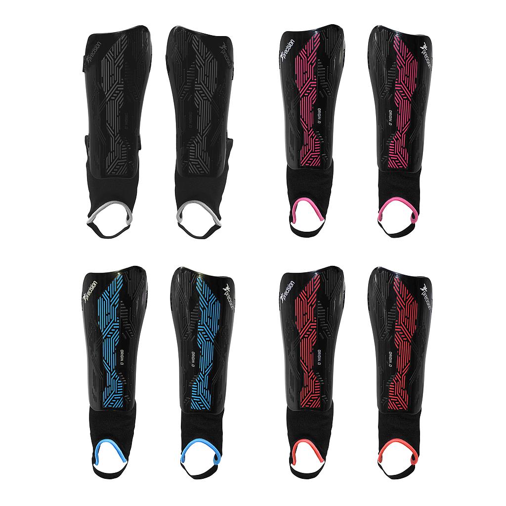 Eight pairs of Precision Training Precision Origin.0 Shin & Ankle Guards are arranged in two rows, each with circuit-style patterns and a stripe in white, red, blue, or pink plus matching colored loops for enhanced football protection.