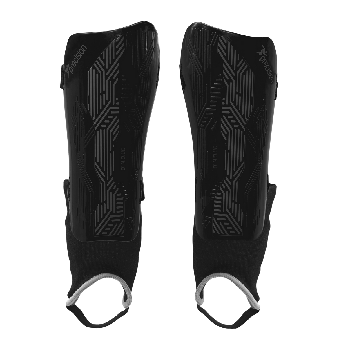 The Precision Training Precision Origin.0 Shin & Ankle Guards in Black/Black feature geometric patterns and black fabric sleeves with white elastic foot loops for football protection, shown on a white background.