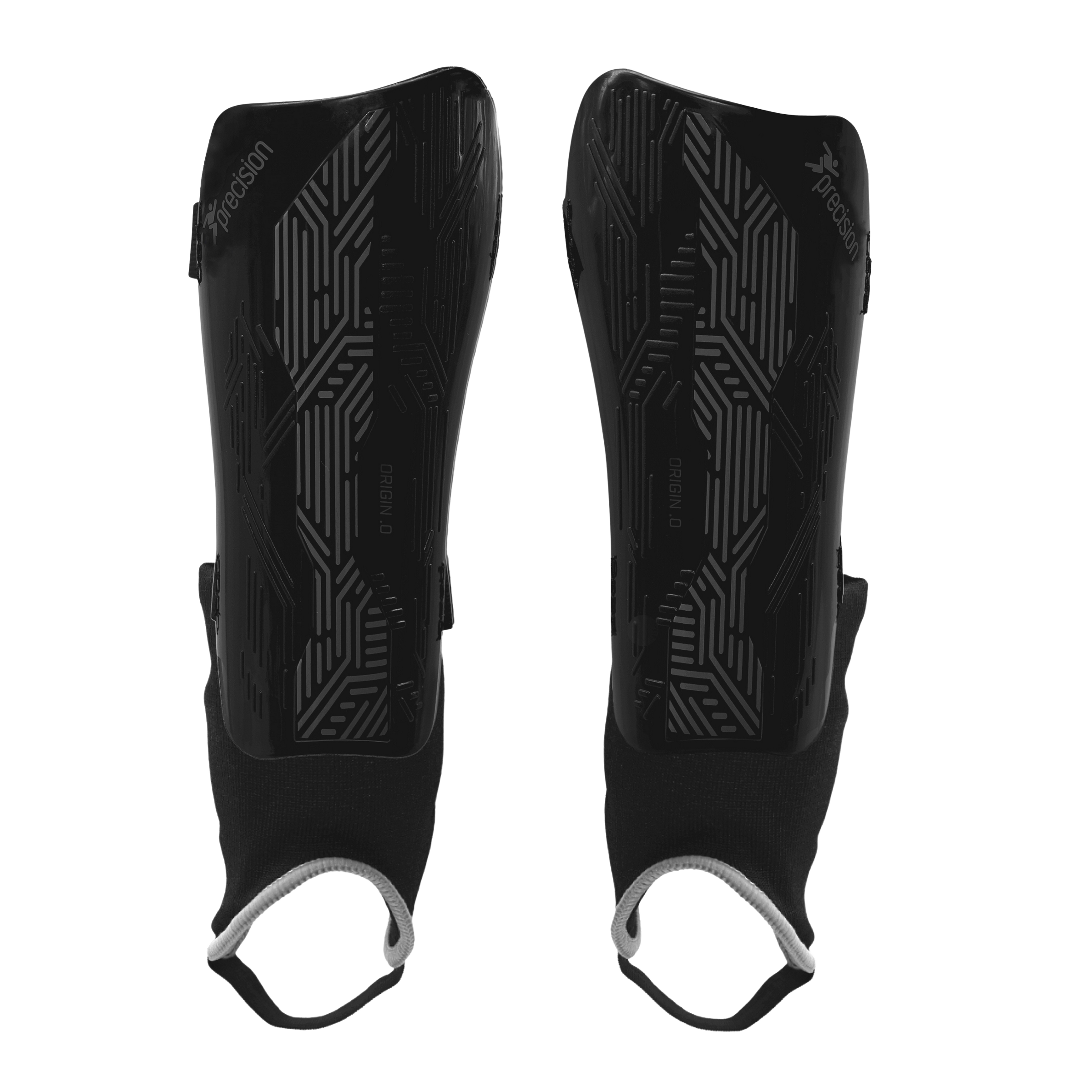 The Precision Training Precision Origin.0 Shin & Ankle Guards in Black/Black feature geometric patterns and black fabric sleeves with white elastic foot loops for football protection, shown on a white background.