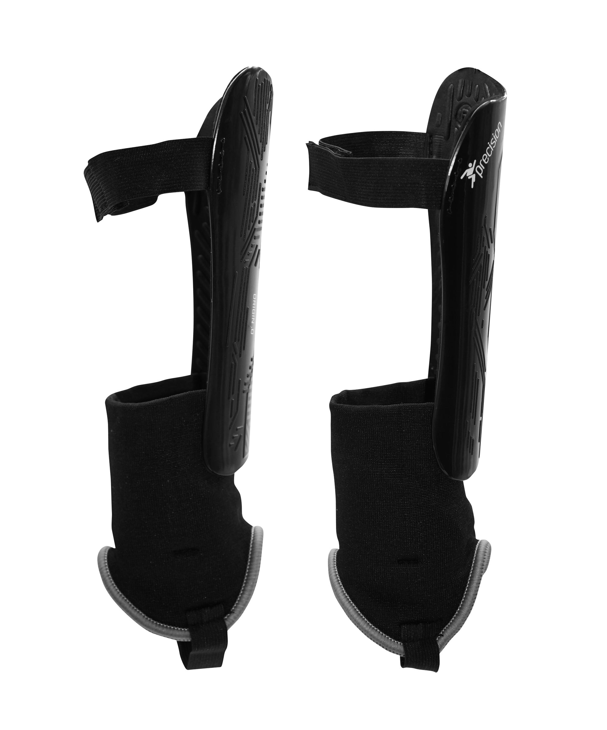The Precision Training Precision Origin.0 Shin & Ankle Guards are black guards with attached ankle protection and elastic straps, designed for football and soccer use.