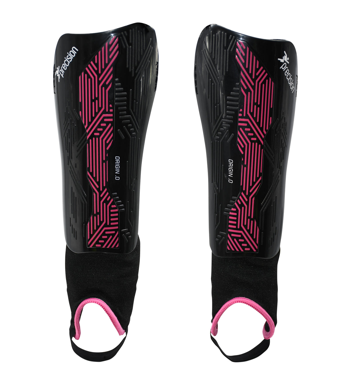 The Precision Training Origin.0 Shin & Ankle Guards in black/pink feature pink geometric patterns, white Precision branding, and pink-trimmed elastic ankle guards. Both are shown side by side on a white background.
