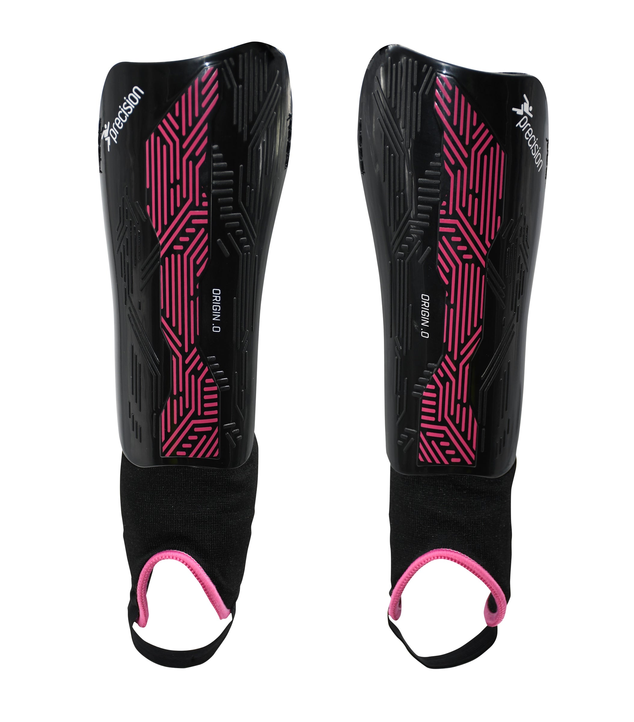 The Precision Training Origin.0 Shin & Ankle Guards in black/pink feature pink geometric patterns, white Precision branding, and pink-trimmed elastic ankle guards. Both are shown side by side on a white background.
