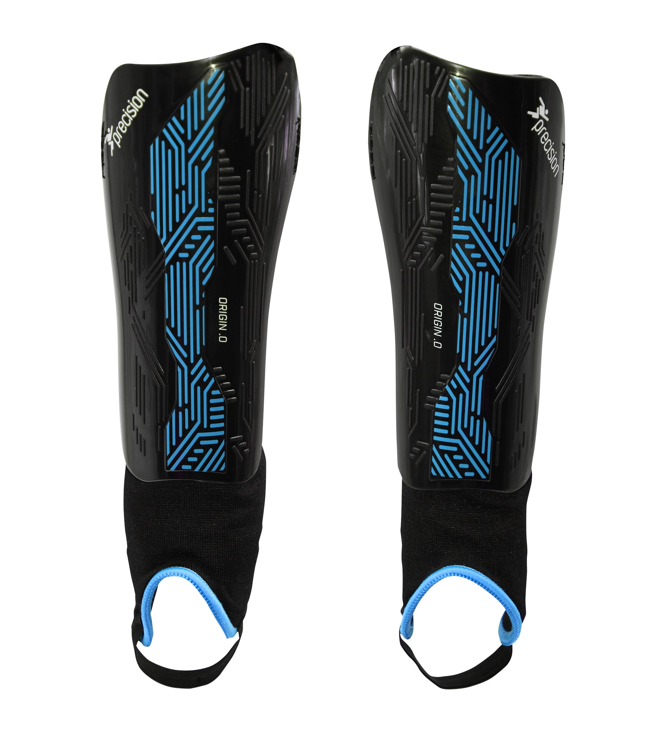 The Precision Training Origin.0 Shin & Ankle Guards in black/cyan feature blue geometric patterns, ankle straps for football protection, and the white Precision logo on each guard.