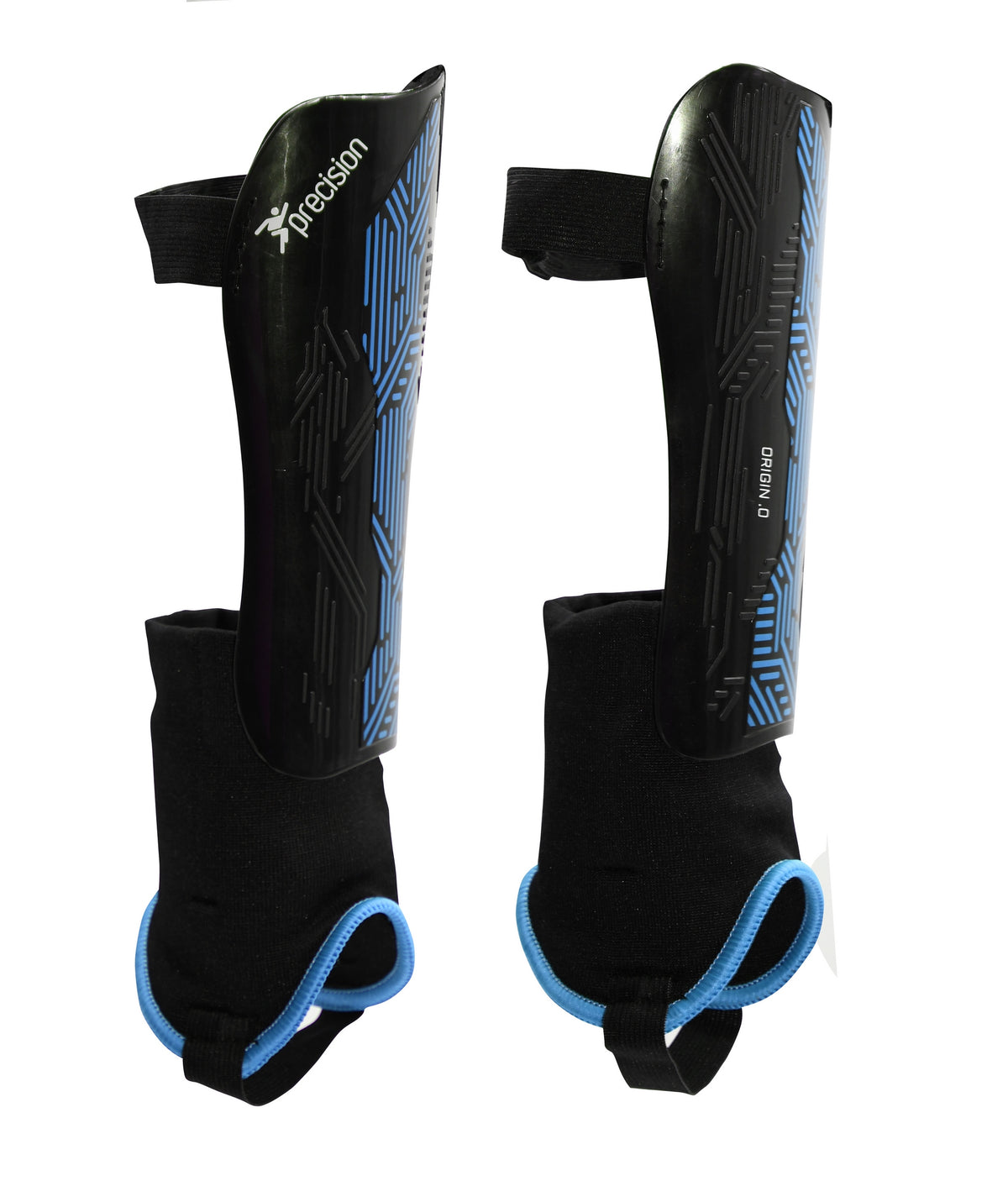 Precision Training Origin.0 Shin & Ankle Guards feature black and blue design, attached ankle guards, and elastic straps for football protection. The Precision logo is displayed on one guard, ideal for soccer or similar sports.