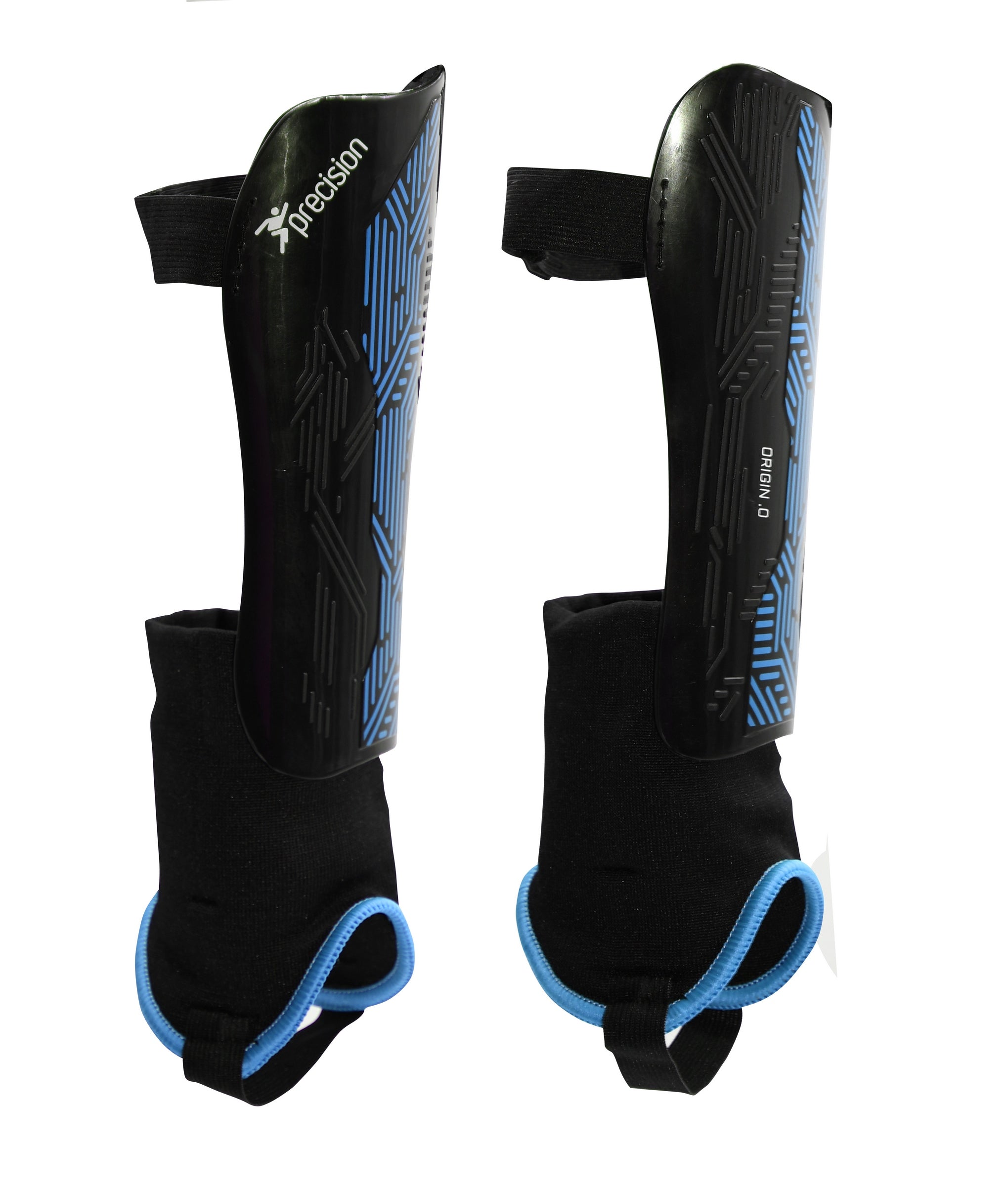 Precision Training Origin.0 Shin & Ankle Guards feature black and blue design, attached ankle guards, and elastic straps for football protection. The Precision logo is displayed on one guard, ideal for soccer or similar sports.