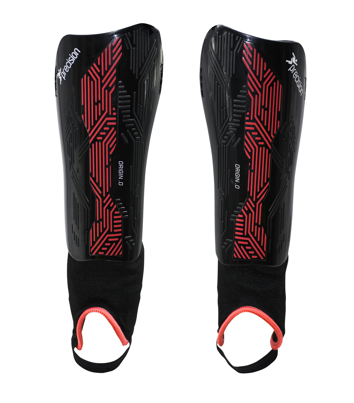 The Precision Training Origin.0 Shin & Ankle Guards in Black/Red feature red geometric patterns, a secure black strap, and a red-edged ankle loop for football protection.