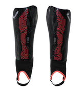 The Precision Training Origin.0 Shin & Ankle Guards in Black/Red feature red geometric patterns, a secure black strap, and a red-edged ankle loop for football protection.