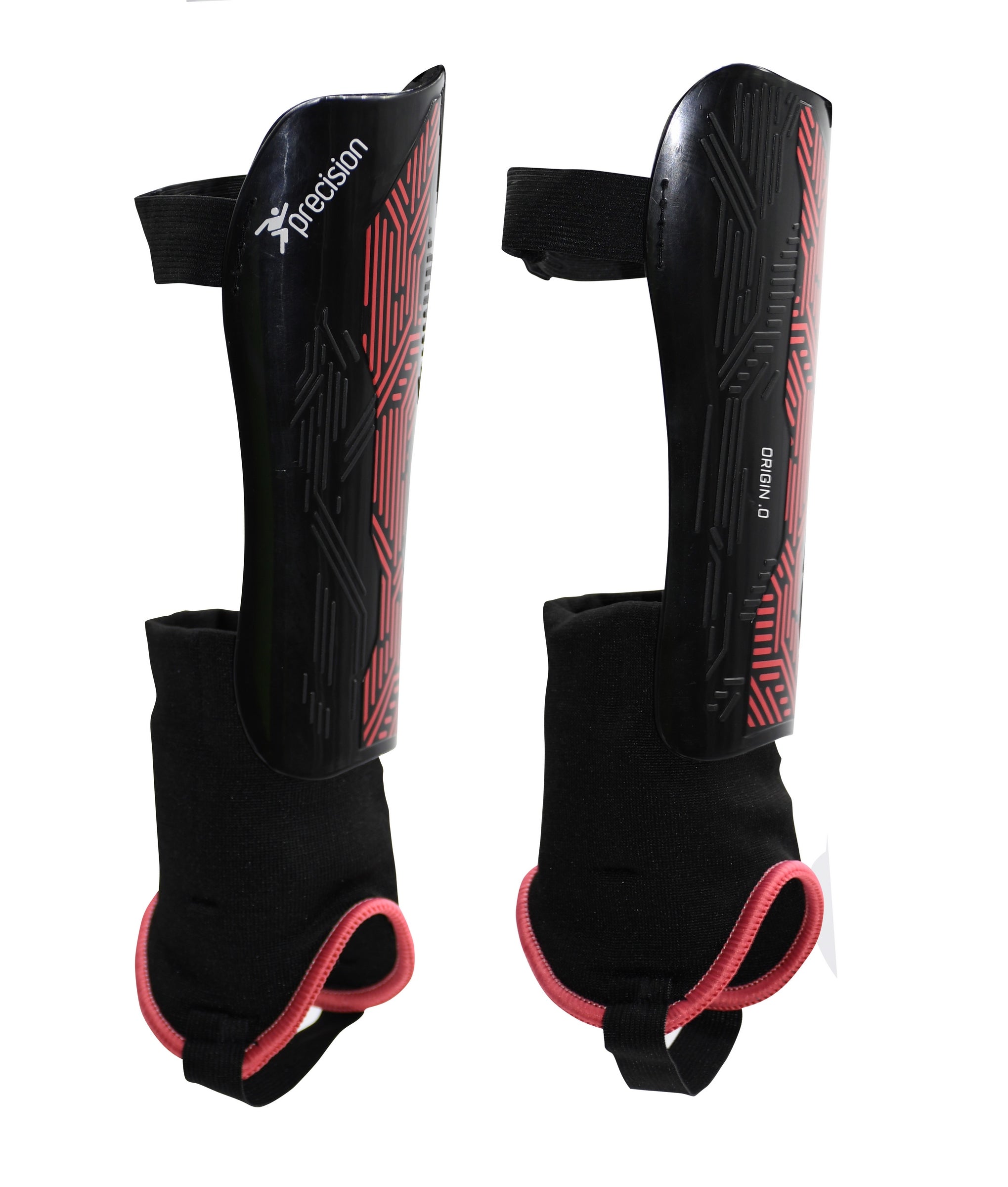 The Precision Origin.0 Shin & Ankle Guards by Precision Training feature black and red geometric patterns, attached ankle guards for football protection, and elastic straps for a secure fit.