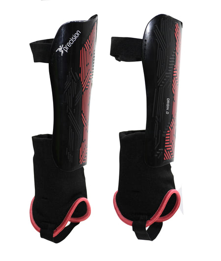 The Precision Origin.0 Shin & Ankle Guards by Precision Training feature black and red geometric patterns, attached ankle guards for football protection, and elastic straps for a secure fit.