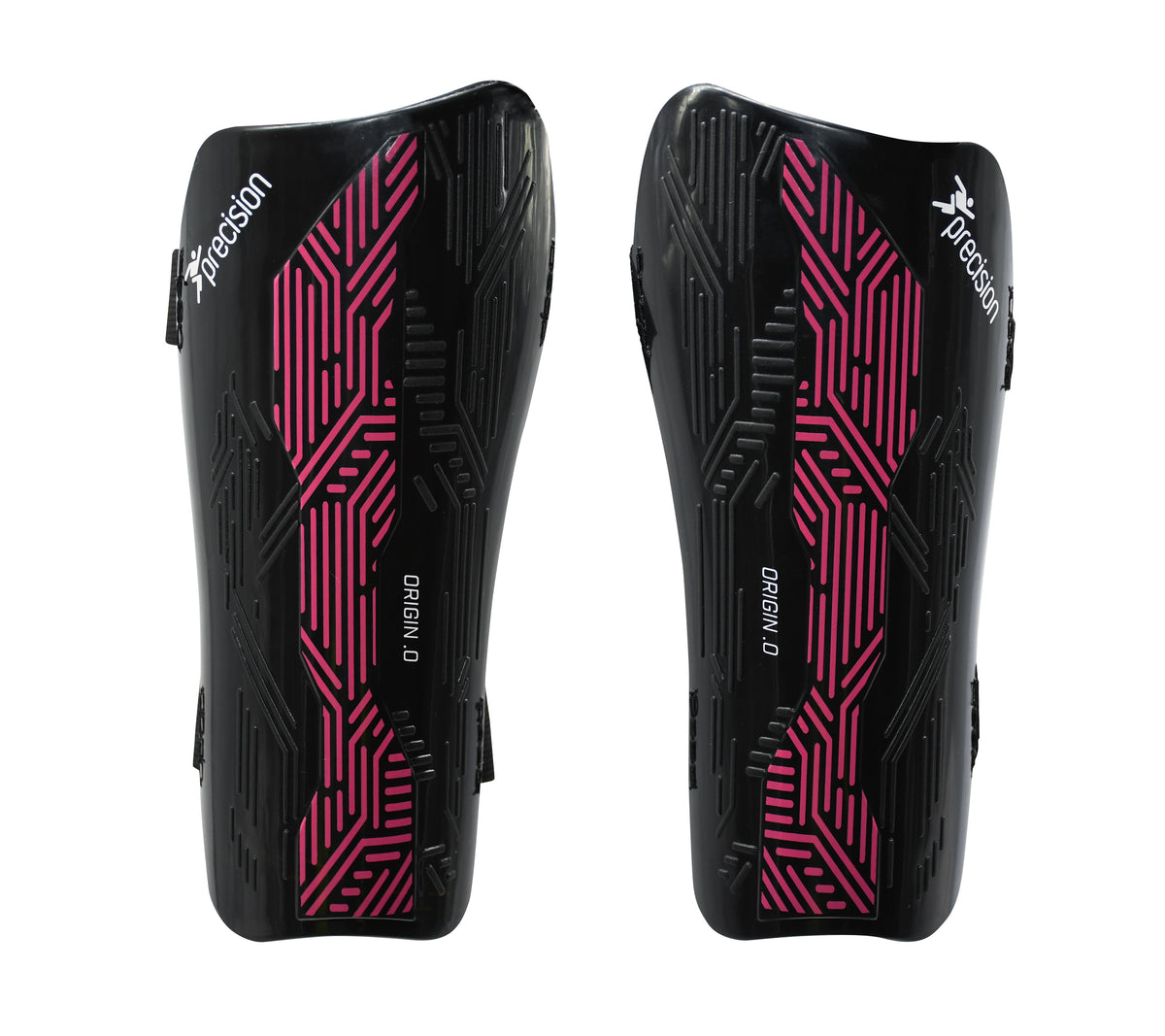The Precision Training Origin.0 Strap Shin Guards in Black/Pink feature a geometric pink pattern and ORIGIN 0 label, offering high-impact protection with lightweight design, displayed against a white background.