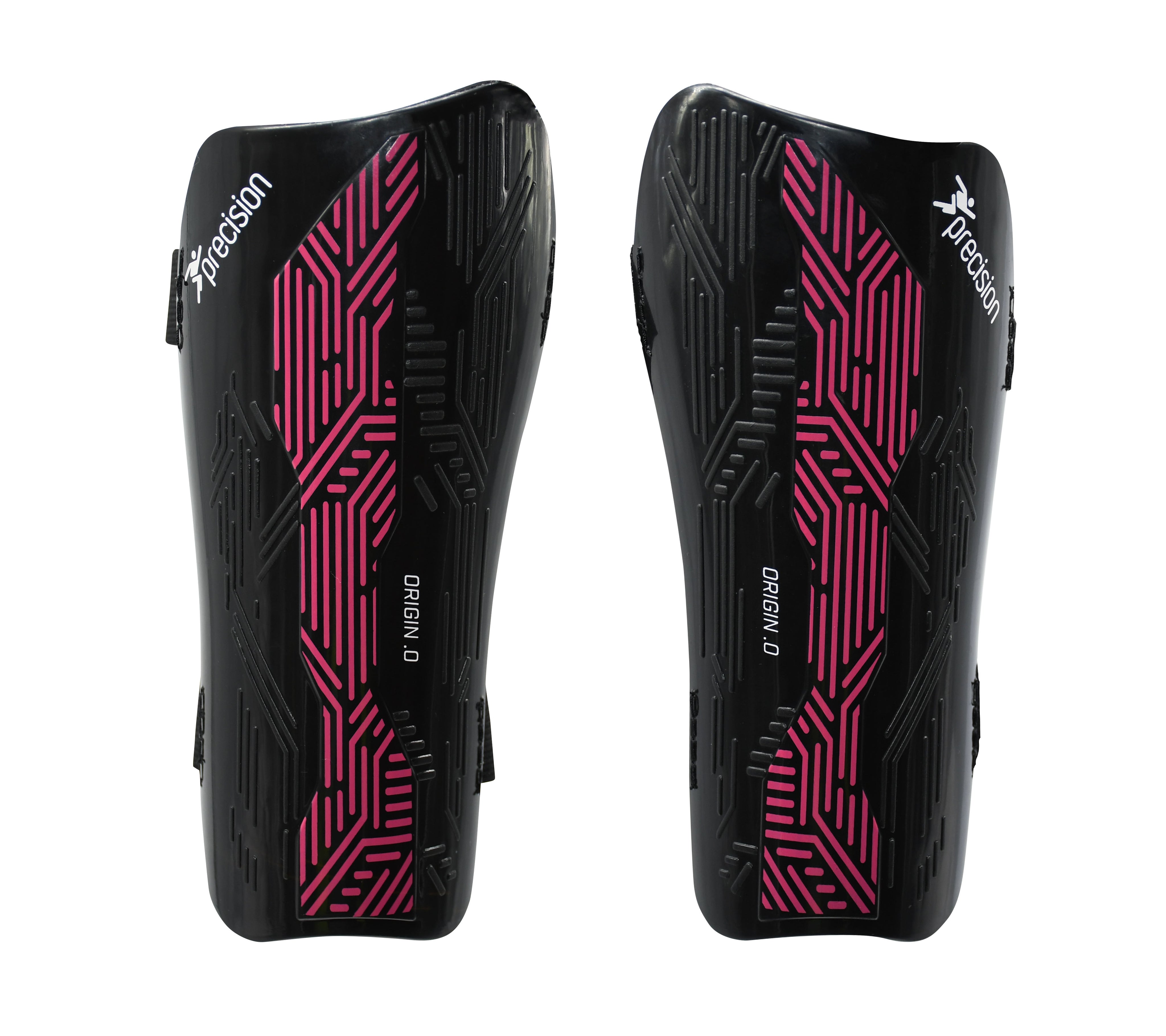 The Precision Training Origin.0 Strap Shin Guards in Black/Pink feature a geometric pink pattern and ORIGIN 0 label, offering high-impact protection with lightweight design, displayed against a white background.