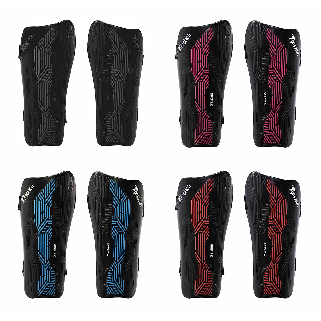 Eight pairs of Precision Training Precision Origin.0 Strap Shin Guards are shown: the top row is black with gray or pink patterns, while the bottom row displays black guards with blue or red geometric designs. All offer lightweight, high-impact protection.