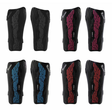 Eight pairs of Precision Training Precision Origin.0 Strap Shin Guards are shown: the top row is black with gray or pink patterns, while the bottom row displays black guards with blue or red geometric designs. All offer lightweight, high-impact protection.