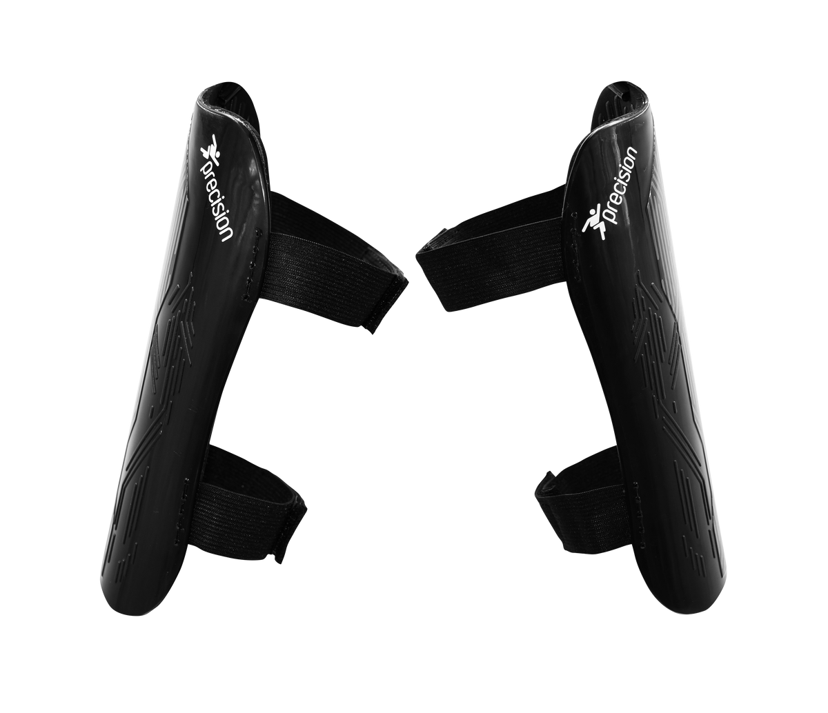 A pair of black Precision Training Origin.0 Strap Shin Guards with adjustable Velcro straps are placed facing each other on a white background. Each lightweight guard displays the Precision logo and offers high impact protection.