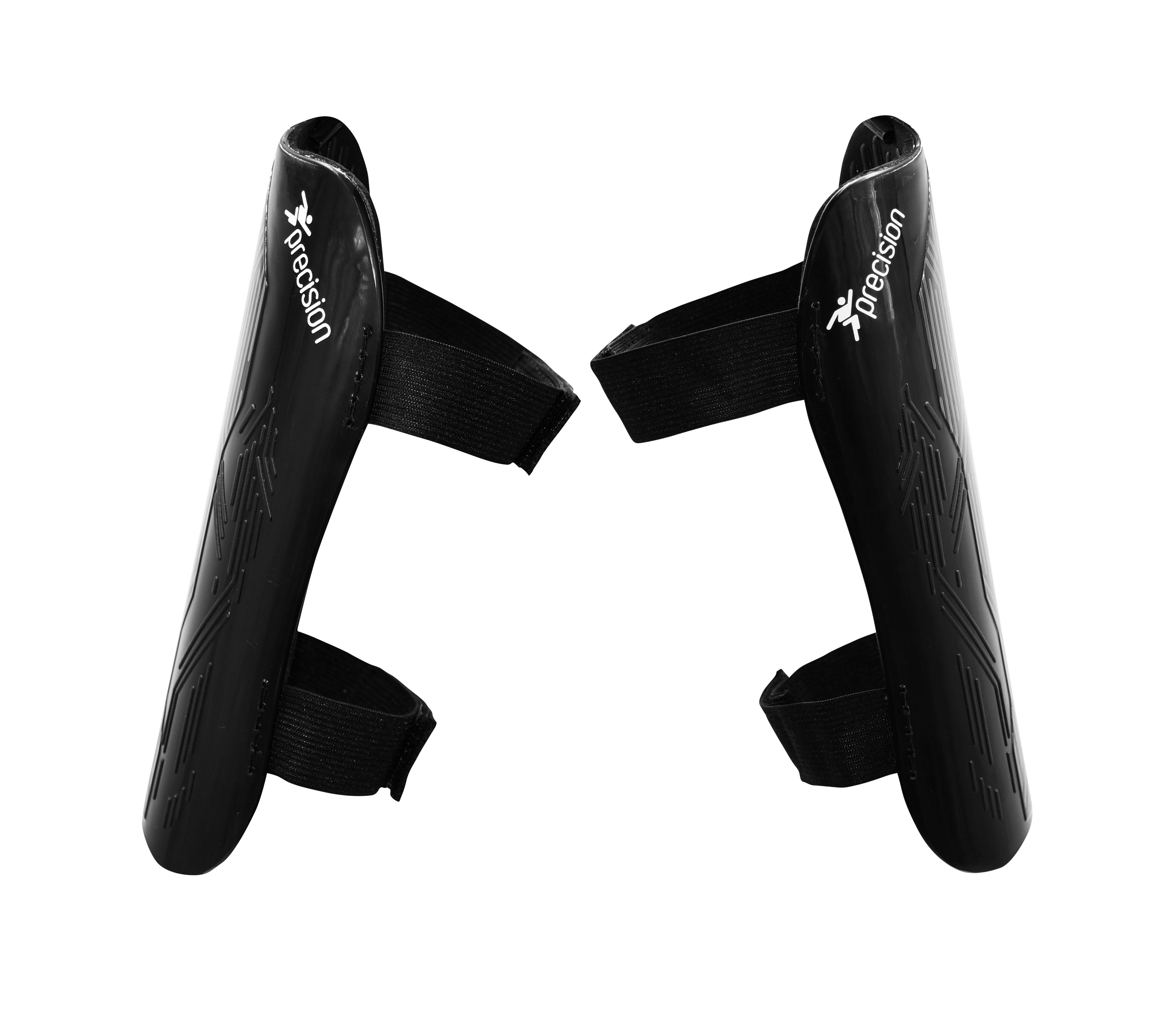 A pair of black Precision Training Origin.0 Strap Shin Guards with adjustable Velcro straps are placed facing each other on a white background. Each lightweight guard displays the Precision logo and offers high impact protection.