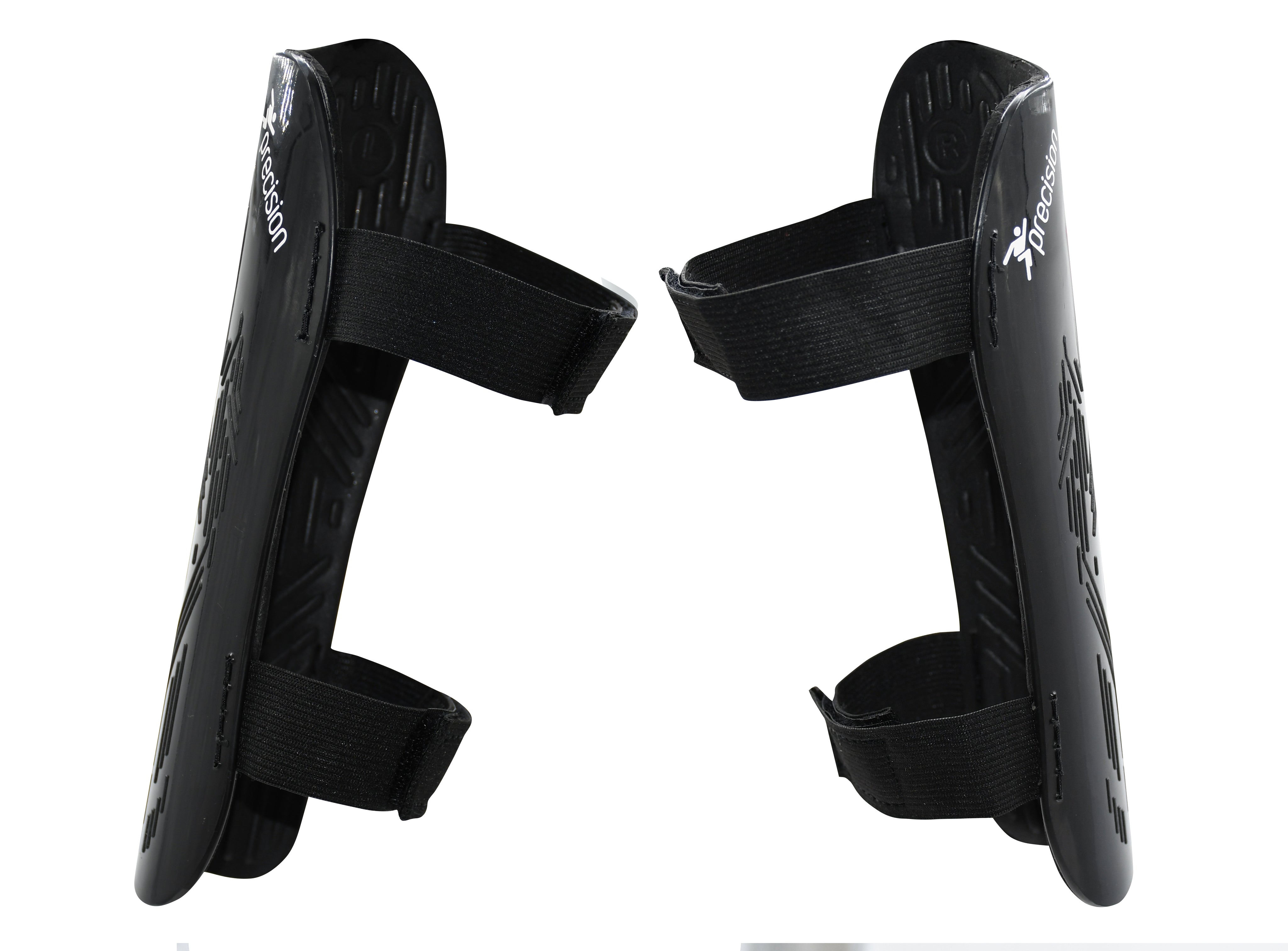 Precision Training Origin.0 Strap Shin Guards in black feature adjustable Velcro straps, are upright and facing each other, and offer high impact protection for sports use.