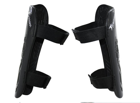Precision Training Origin.0 Strap Shin Guards in black feature adjustable Velcro straps, are upright and facing each other, and offer high impact protection for sports use.