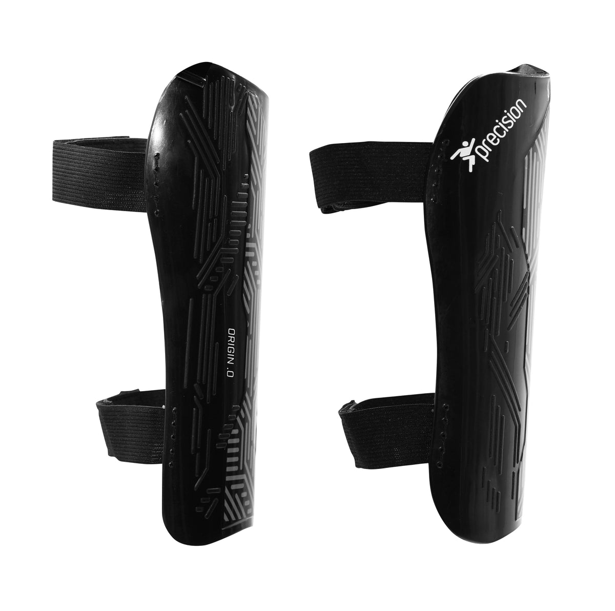 The Precision Training Origin.0 Strap Shin Guards are lightweight and black, featuring subtle geometric patterns, adjustable elastic straps, and "PRECISION" with a small logo in white near the top for high impact protection.