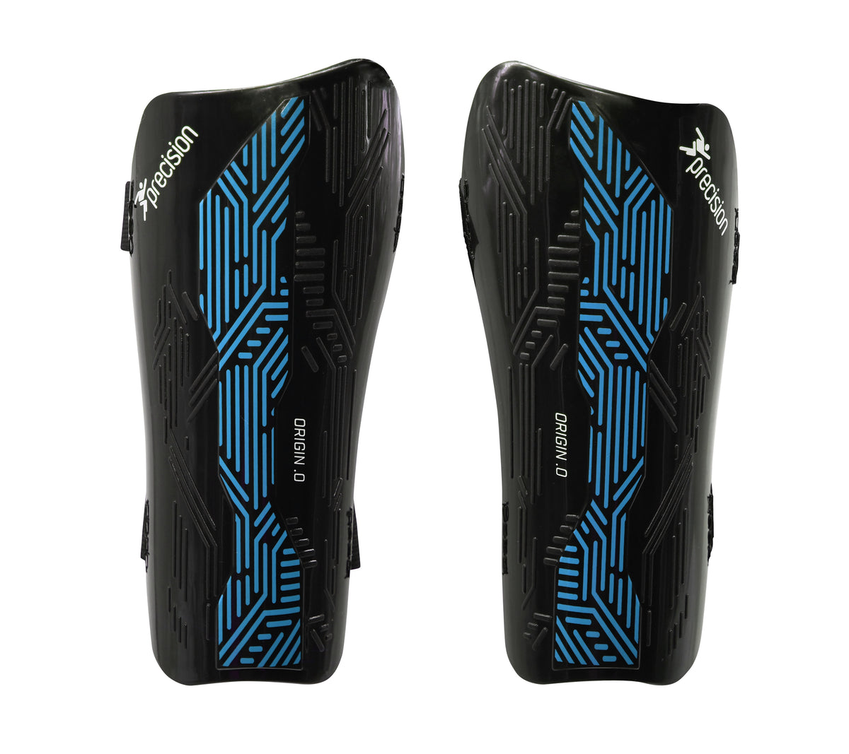 The Precision Training Origin.0 Strap Shin Guards in Black/Cyan feature blue geometric patterns, "precision" printed in white on the top left, and provide high-impact protection while staying lightweight.
