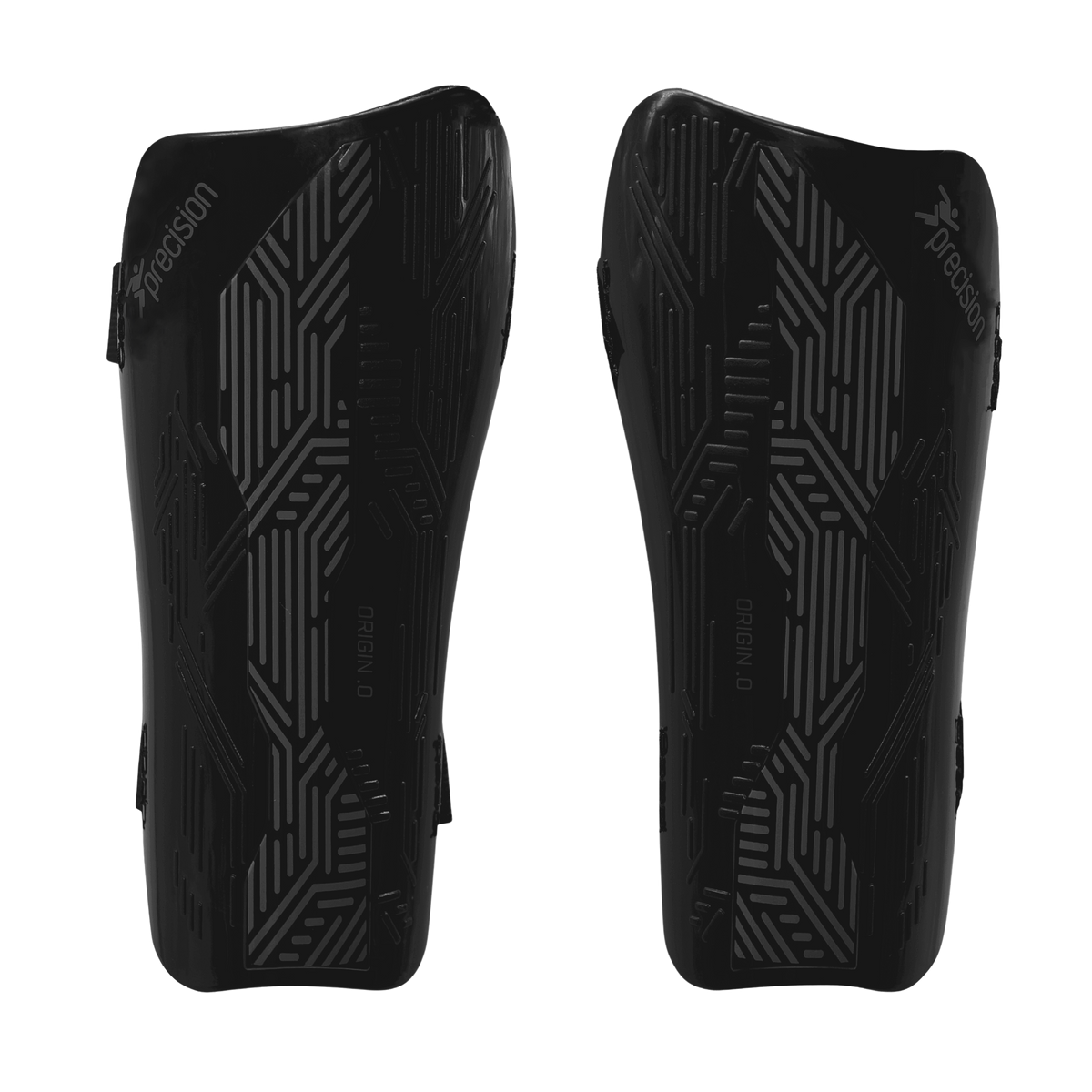 The Precision Training Origin.0 Strap Shin Guards in Black/Black feature geometric patterns and "Precision" branding, delivering a lightweight design and high-impact protection.