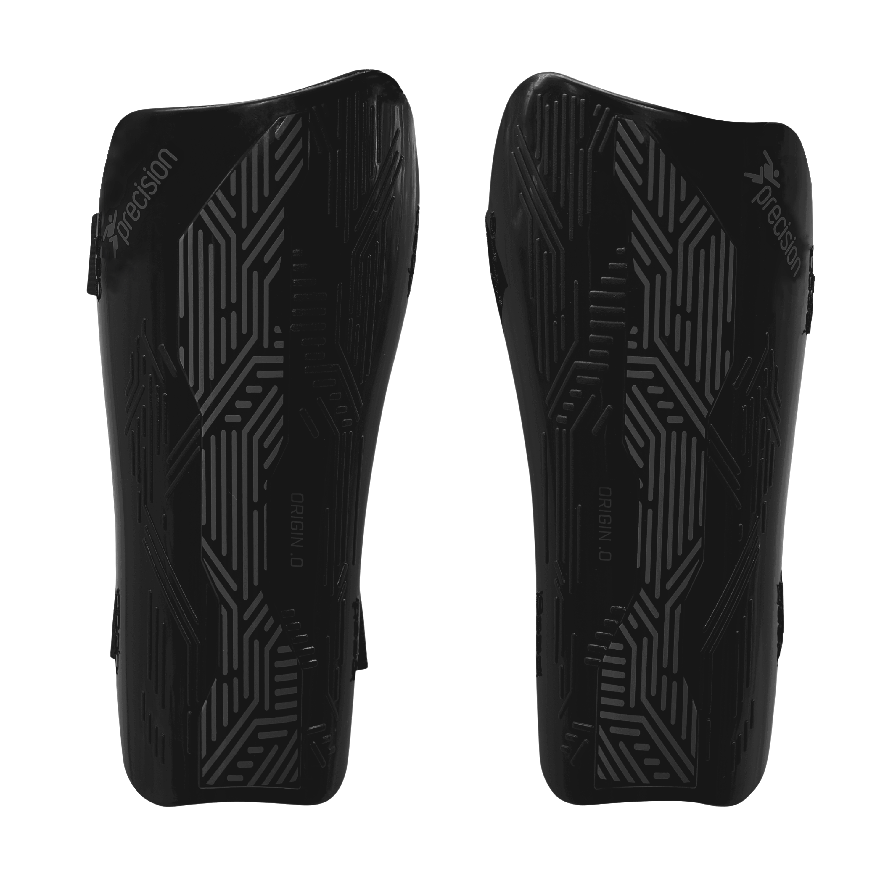 The Precision Training Origin.0 Strap Shin Guards in Black/Black feature geometric patterns and "Precision" branding, delivering a lightweight design and high-impact protection.