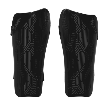 The Precision Training Origin.0 Strap Shin Guards in Black/Black feature geometric patterns and "Precision" branding, delivering a lightweight design and high-impact protection.