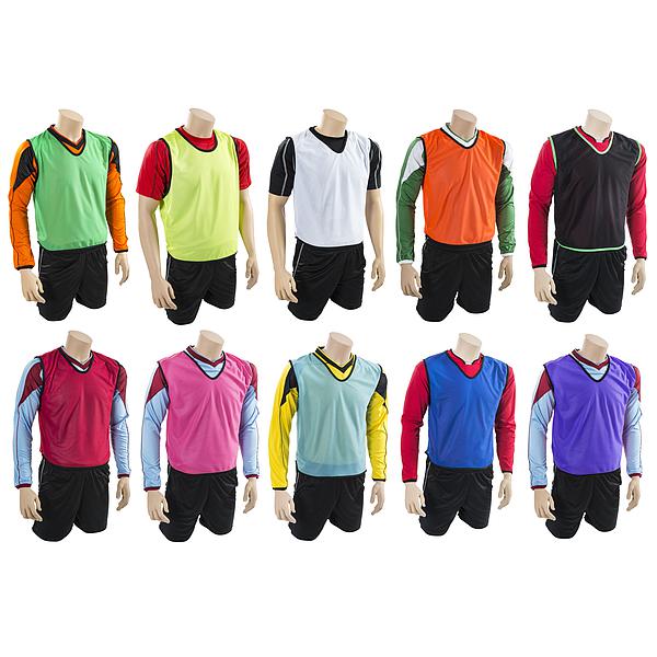 Ten headless mannequins display Precision Training’s Precision Mesh Training Bibs in various bright colors with black shorts, arranged in two rows on a white background.