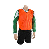 A headless mannequin wears a green long-sleeve athletic shirt, black shorts, and a Precision Training Precision Mesh Training Bib in Fluo Orange, standing against a white background.