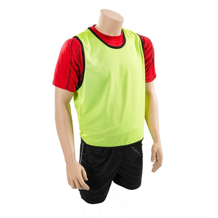 A headless mannequin in a red shirt, Precision Training black shorts, and a Precision Mesh Training Bib in Fluo Yellow is posed against a white background.