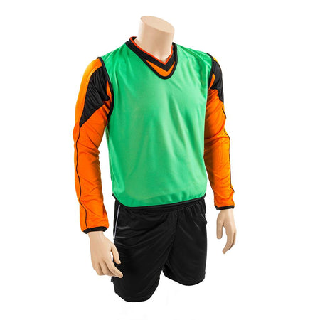 A headless mannequin stands upright, wearing a green Precision Training Precision Mesh Training Bib over an orange and black long-sleeve athletic shirt, paired with black shorts.