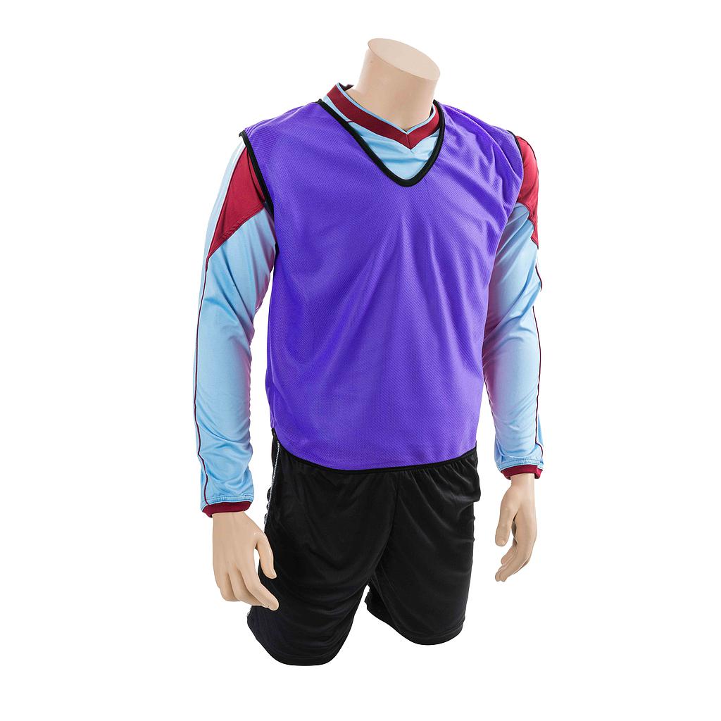 A mannequin wearing a Precision Training Mesh Training Bib in purple over a light blue and maroon long-sleeve jersey with black shorts, kneeling on one knee against a white background.