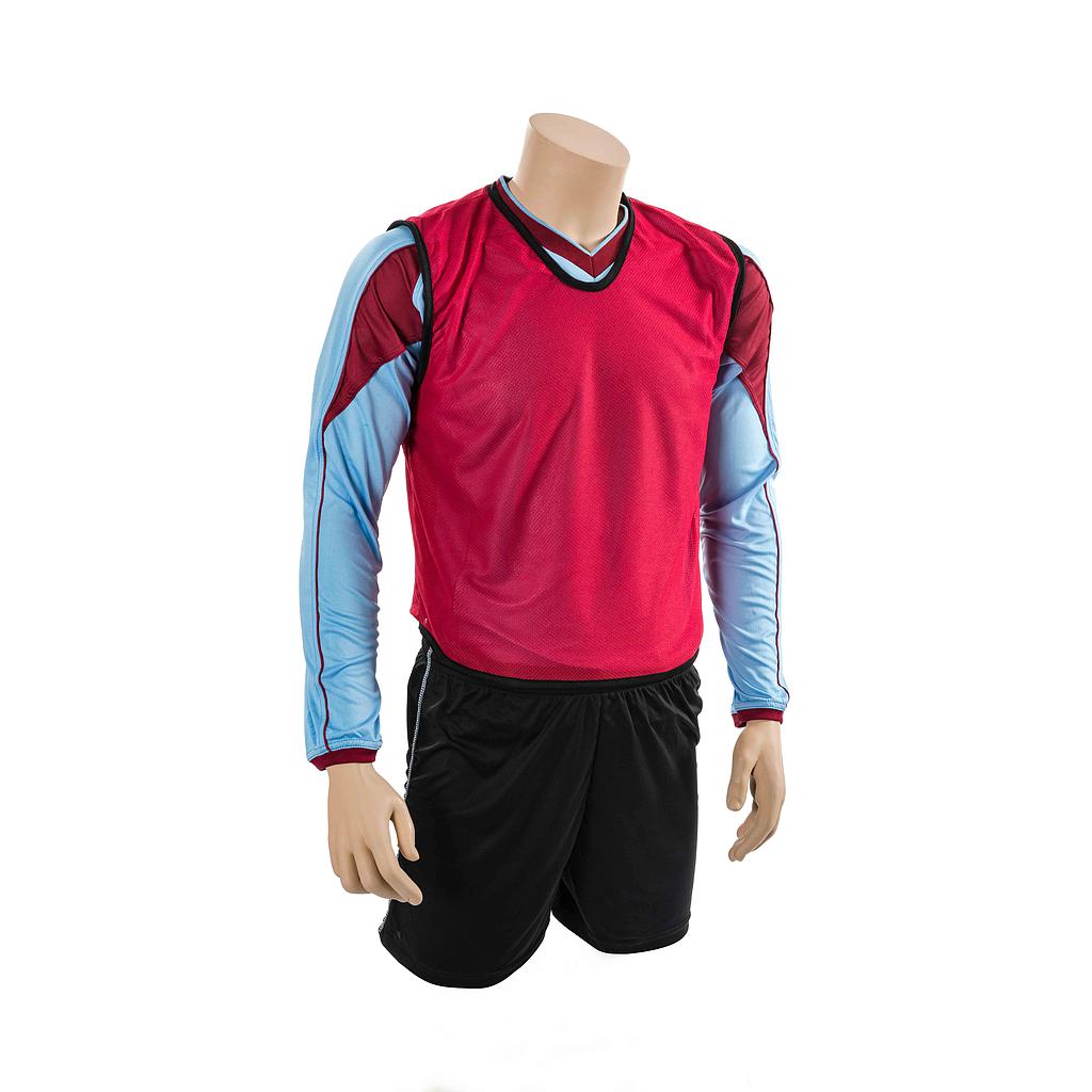 A headless mannequin wears the red Precision Mesh Training Bib by Precision Training over a red and light blue long-sleeve soccer jersey with black shorts, standing against a white background for a classic vest style look.