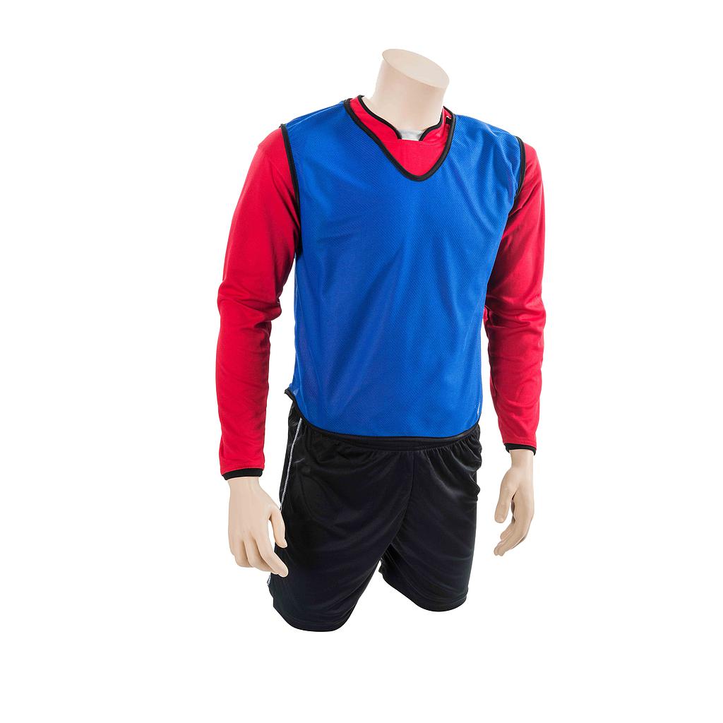 A mannequin dressed in a red long-sleeve shirt, black shorts, and a Precision Training Precision Mesh Training Bib in royal is posed against a white background.
