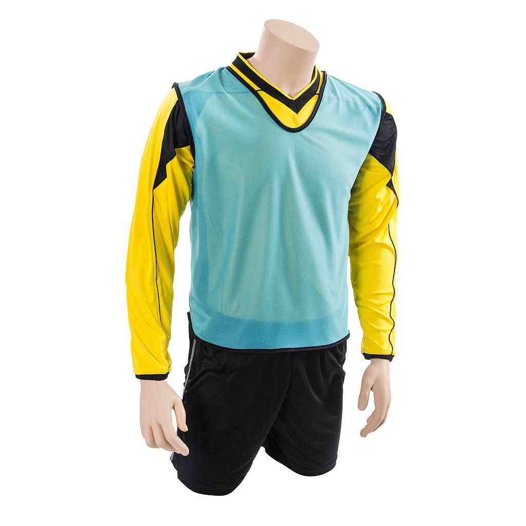 A mannequin sports a yellow and black long-sleeve uniform, black shorts, and a Precision Training Mesh Training Bib in Sky, all posed against a white background.