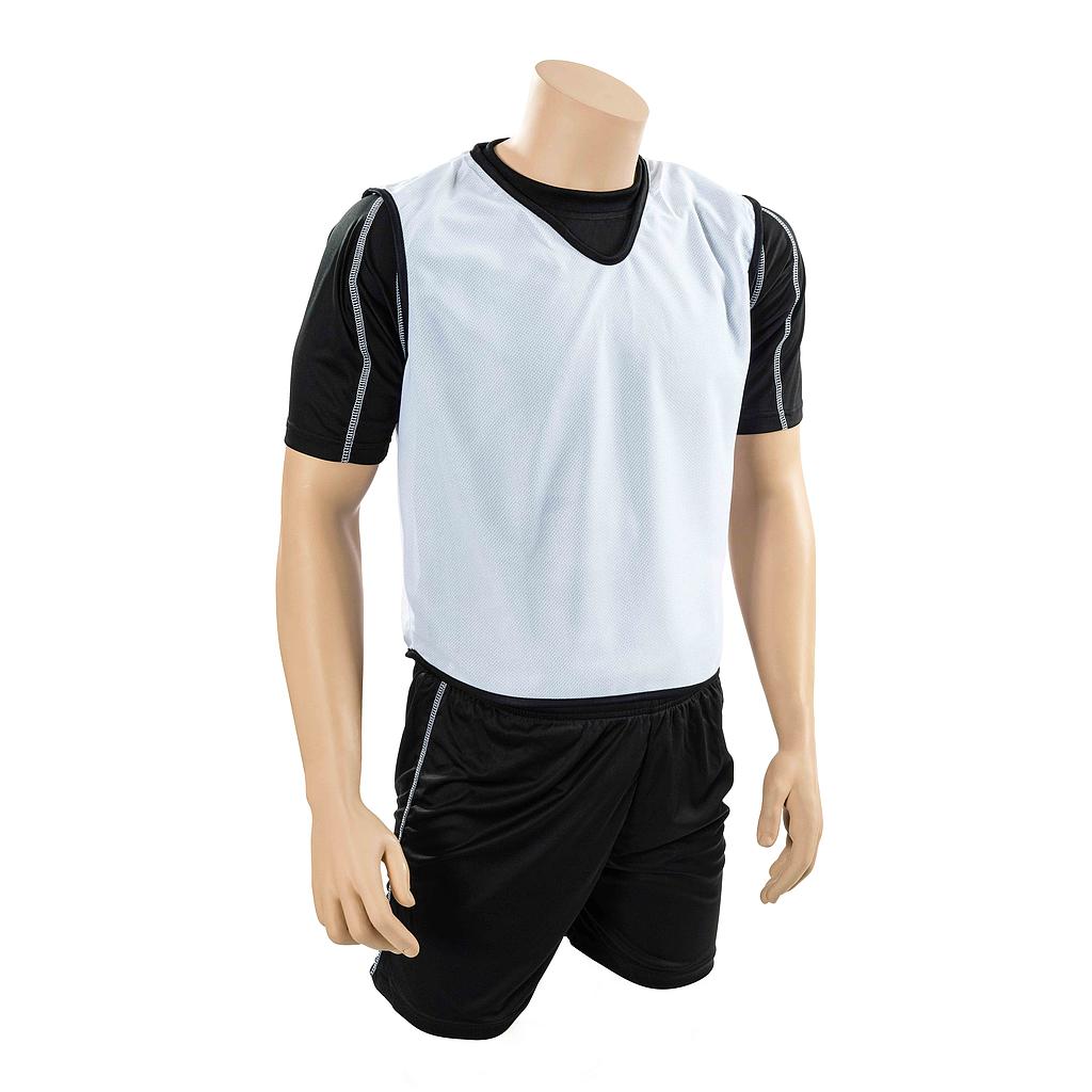 A mannequin in a black athletic outfit wears the Precision Training Precision Mesh Training Bib in white, layered over a black shirt and shorts, set against a plain white background.