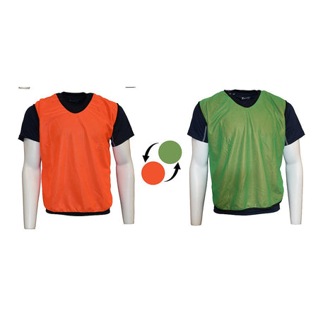Two mannequins wear black shirts and Precision Training Reversible Mesh Training Bibs—one orange, one green. A circular arrow with matching colored dots shows the kids’ sports bibs can be worn both ways.