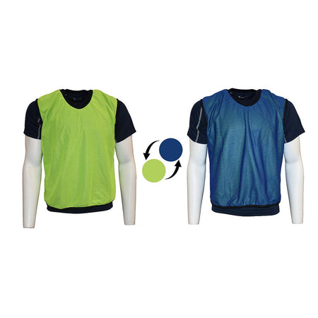 Two mannequins display Precision Training Reversible Mesh Training Bibs—neon green on one side, blue on the other. An arrow graphic highlights the reversible design. Both wear black shirts under these durable polyester bibs.