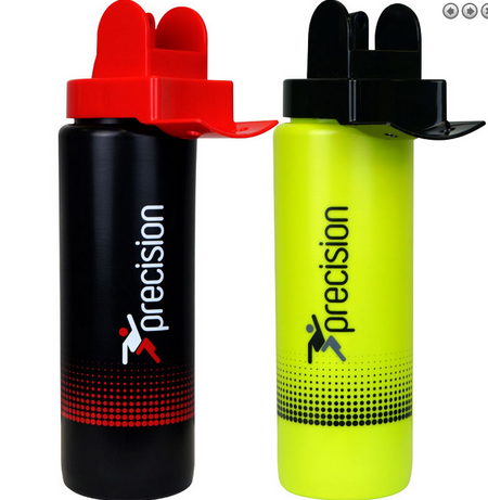 Two Precision Training Hygienic Water Bottles (1L) are shown side by side: one black with a red lid, the other neon yellow with a black lid. Both have a dotted gradient base for easy use and help promote hygiene.