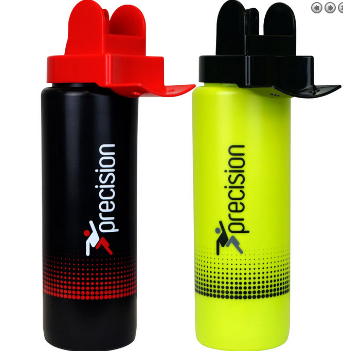Two Precision Training Hygienic Water Bottles (1L) are shown side by side: one black with a red lid, the other neon yellow with a black lid. Both have a dotted gradient base for easy use and help promote hygiene.