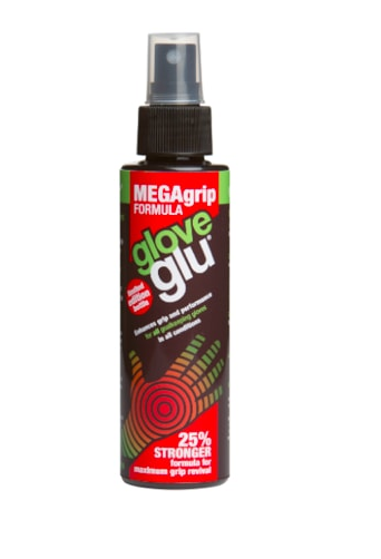 The GloveGlu Goalkeeping GloveGlu MEGAgrip 120ml spray bottle boosts goalkeeper glove grip by 25%, featuring a black label with red, green, and white text along with a hand graphic. Brand: GloveGlu.
