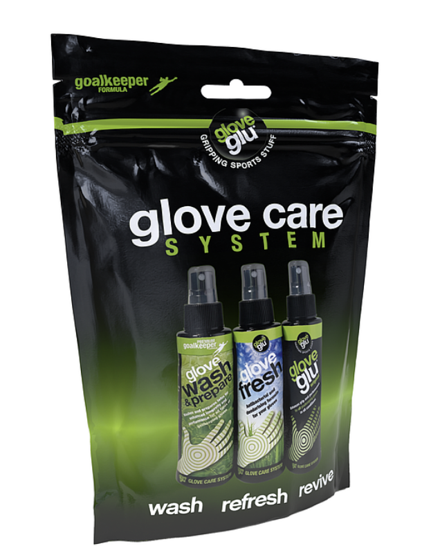 The GloveGlu Goalkeeping Glove Care System Pack by GloveGlu comes in a black and green resealable pouch and includes three bottles—Glove Wash & Prepare, Glove Fresh, and the original GloveGlu—for ultimate glove care.
