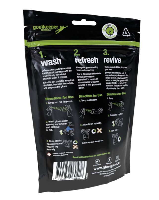 The back of the black GloveGlu Goalkeeping Glove Care System Pack shows three illustrated glove care steps—wash, refresh, revive—with green and white accents and the GloveGlu website at the bottom.