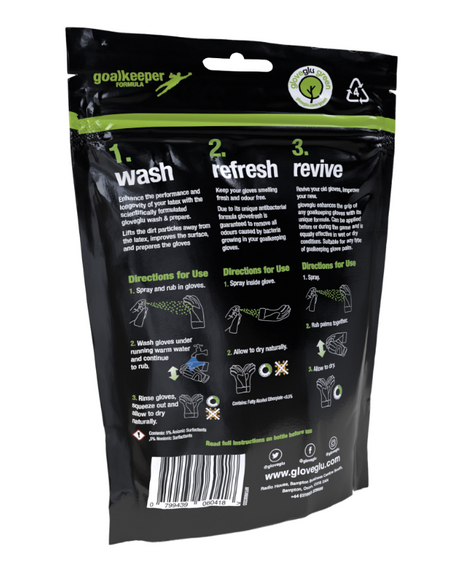 The back of the black GloveGlu Goalkeeping Glove Care System Pack shows three illustrated glove care steps—wash, refresh, revive—with green and white accents and the GloveGlu website at the bottom.
