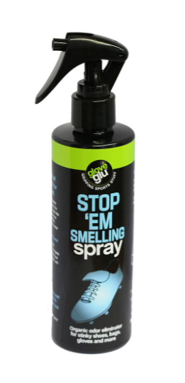A black GloveGlu Stop Em Smelling Spray bottle with a blue and white design, trigger nozzle, and shoe graphic. This odour eliminator uses plant-based moisture control to remove smells from shoes, gloves, and gear.