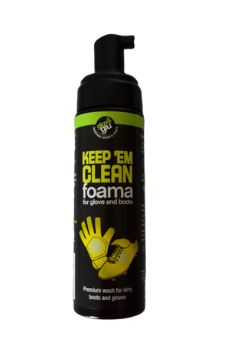 The GloveGlu Keep Em Clean Foama 200ml is a black bottle glove and boot cleaner with yellow graphics and a foaming pump, promoted as a premium wash for goalkeeper gloves and football boots.