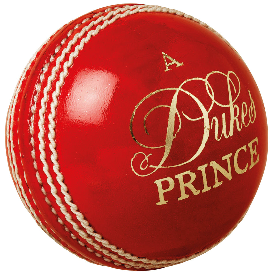 A shiny red Dukes Prince A Cricket Ball (Senior) with prominent white stitching and gold text, made from premium leather—ideal for test match cricket.