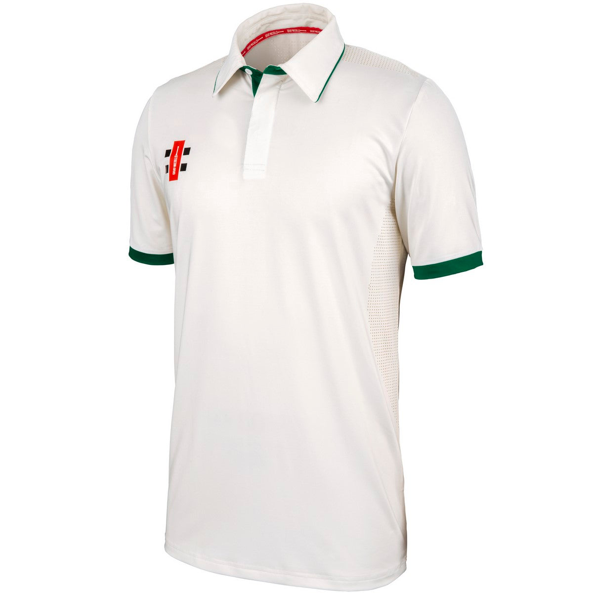 The Gray Nicolls Pro Performance V2 Cricket Shirt 12 Pack with Logo is ideal for cricket teams or anyone seeking custom shirts, featuring a sleek white design with green trim from the trusted Gray Nicolls brand.