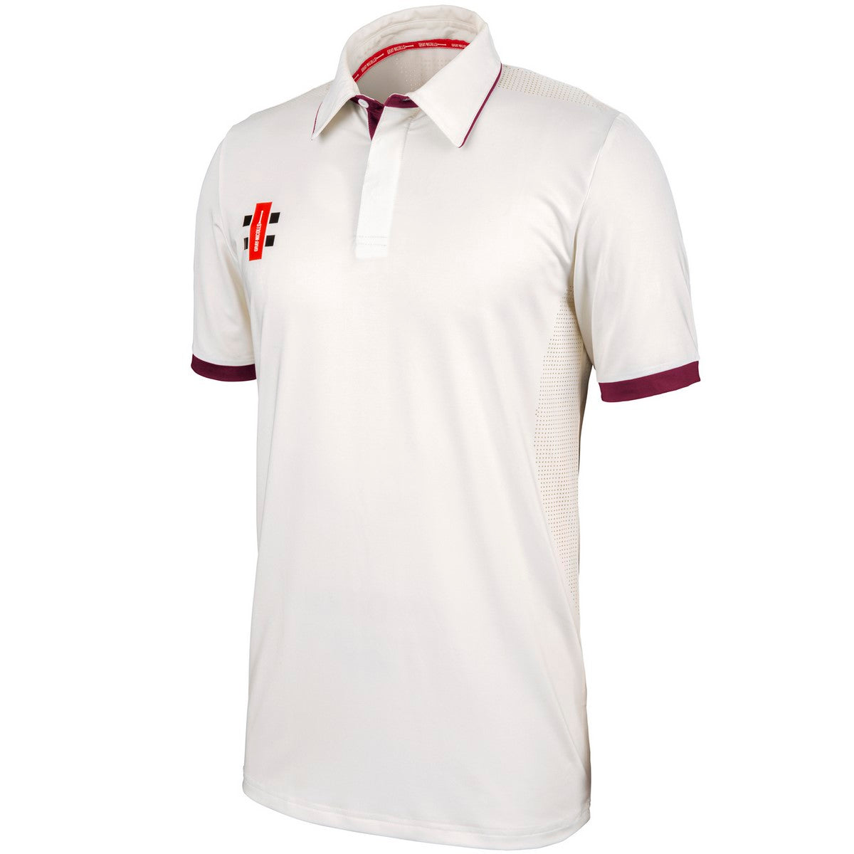 The Gray Nicolls Pro Performance V2 Cricket Shirt 12 Pack with Logo features a white, short-sleeve design with maroon trim, mesh side panels, hidden button placket, and the Gray Nicolls logo—perfect for cricket team uniforms.