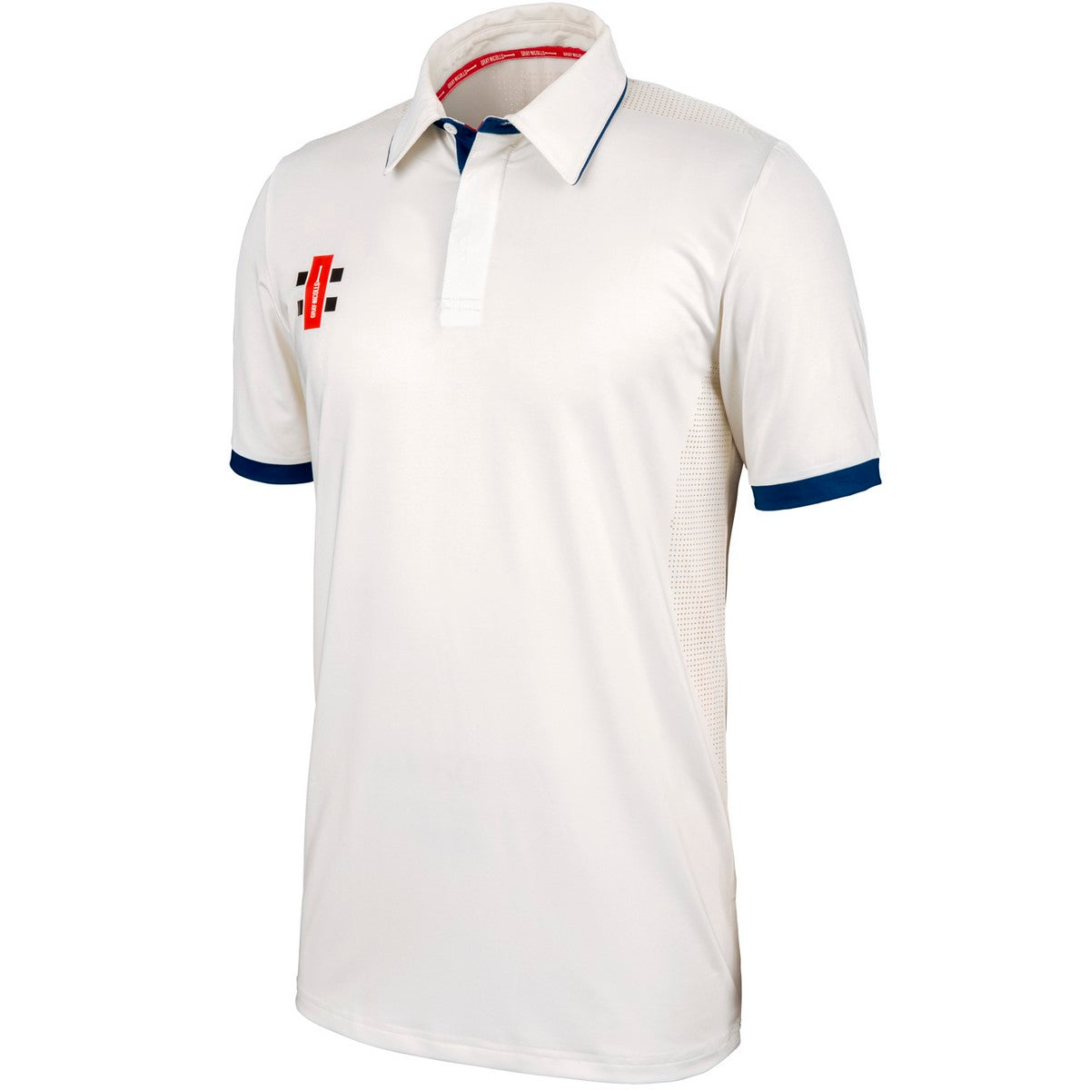 The Gray Nicolls Pro Performance V2 Cricket Shirt 12 Pack with Logo features a white short-sleeve polo design, blue sleeve edges, a collar, partial button placket, and a small red and black logo—ideal for Gray Nicolls cricket fans.